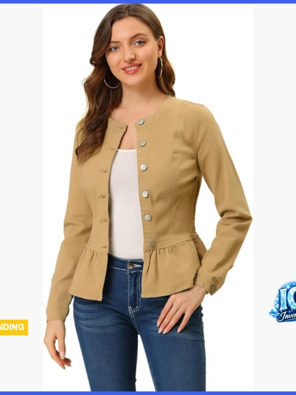 Peplum Denim Jacket Collarless Round Neck Button Down Cropped Ruffle Hem